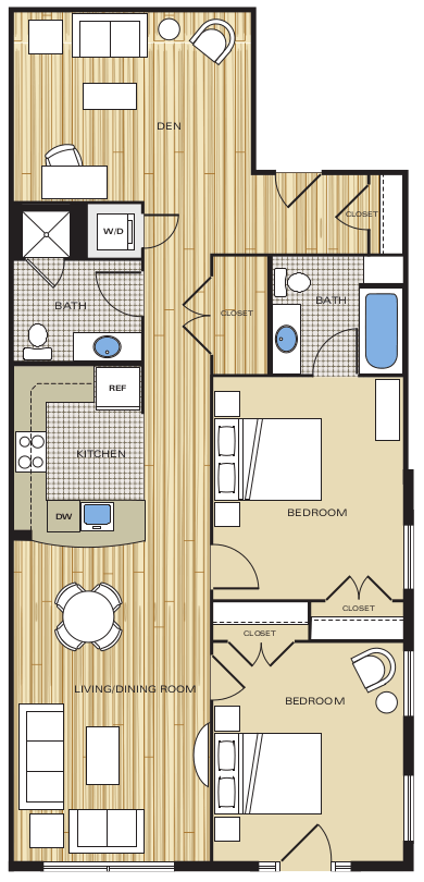 2 Bed2 Bath Den 1100sf Floor Plan at Clayborne Apartments, Virginia, 22314